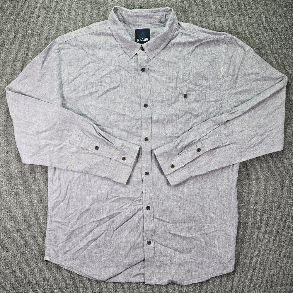 Prana Shirt Mens XL Gray Blue Pocket Organic Cotton Long Sleeve Button Up Casual